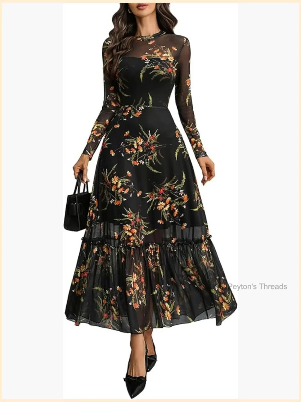 Floral Mesh Maxi Dress Long Sleeve A Line Ruffle Hem Wedding Guest - Picture 1 of 7